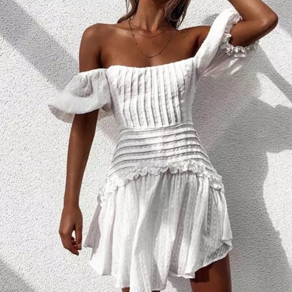 BellanBlue Dresses & Skirts - Boho White Off Shoulder Lace up Back Ruffle Dress